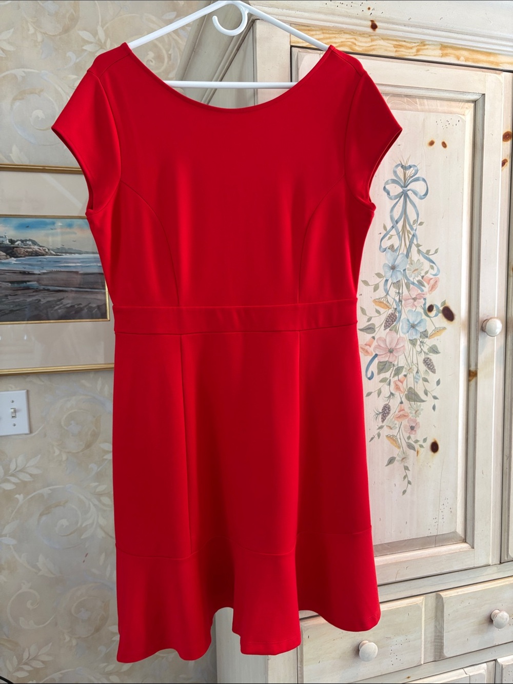 LOFT Red Cap-Sleeve Fit & Flare Ruffle Hem Dress